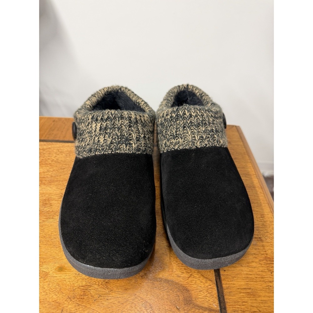 Clarks Women's 10 Black Suede Leather Faux Fur Slip On Clog Slippers Knit Trim